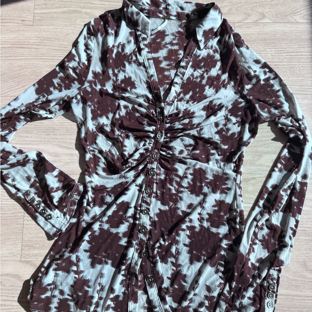 Free People Brown and White Patterned Blouse